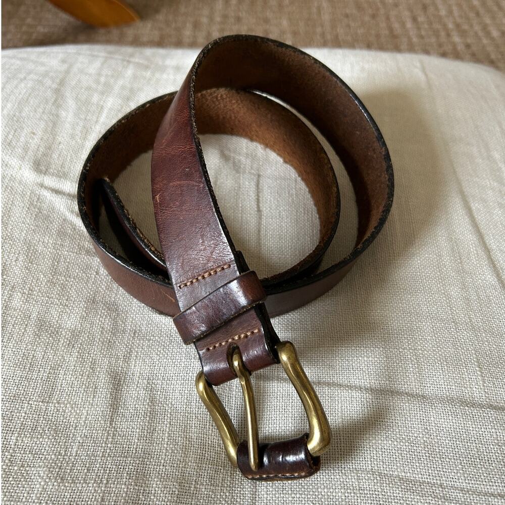 Vintage 70s Thick Brown Leather Belt Solid Brass Buckle Boho